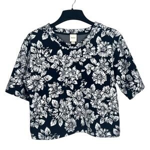 Antropologie Maeve Women's Size Large Knit Boxy Tee Black/White Floral Crop Top